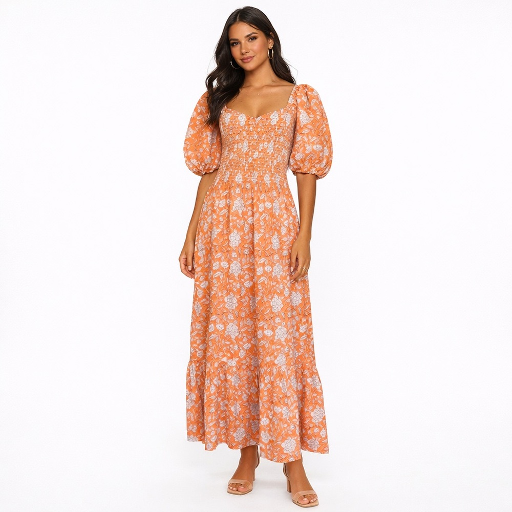 Anna Cate Maxi Dress M Orange Floral Puff Sleeve Smocked Tiered Cotton Boho